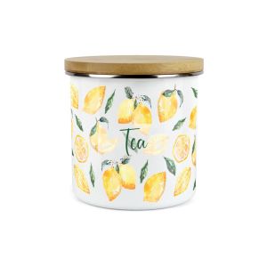 bright yellow lemon print tea storage canister with a bamboo lid