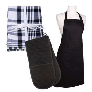 Dexam Love Colour Apron, 3 x XL Tea Towels & Double Oven Glove Set - True Black