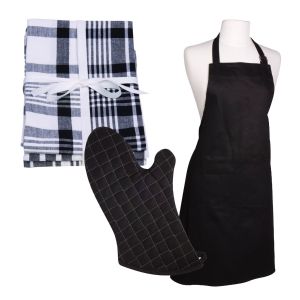 Dexam Love Colour Apron, 3 x XL Tea Towels & Gauntlet Set - True Black