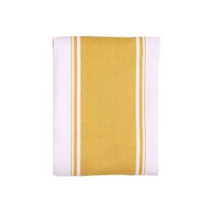 Folded white tea towel with yellow stripe through the middle