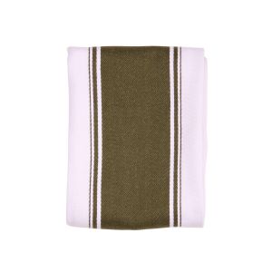 Olive green tea towel with white and green stripe design
