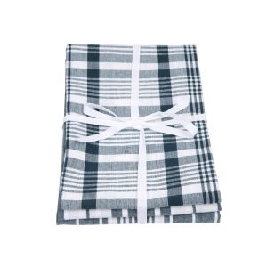 Set of three dark blue and white tea towels, each with a different pattern. Chequered and two different striped patterns