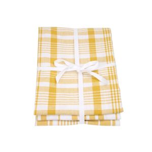 Set of 3 extra large yellow & white tea towels. Each one with a different pattern, chequered and two different stripped designs
