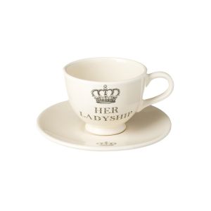 cream ceramic cup and saucer set with his lordship text and crown decoration