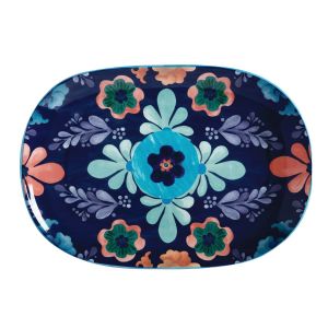 large oval shaped blue serving platter with a floral print, made from ceramic