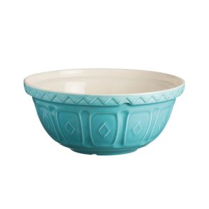 a large stoneware mixing bowl, finished in a turquoise glaze