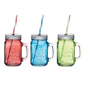 KitchenCraft Coloured Glass Drinks Mason Jars with Straw - Set of 3