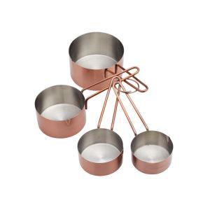 Set of copper-finish stainless steel measuring cups, consisting of four cup sizes including 1/4 cup, 1/3 cup, 1/2 cup and 1 cup.