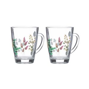 set of two small glass mugs with a floral print