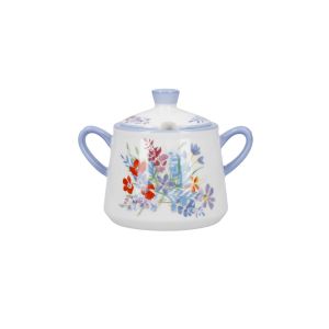Double handled sugar bowl with lid and meadow print