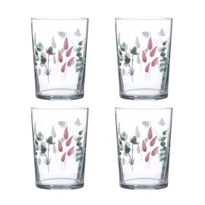 set of four glass tumblers with a floral print