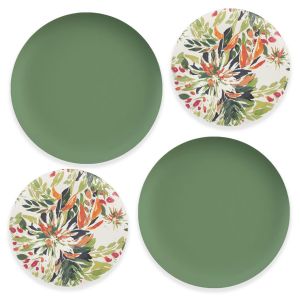 green and floral melamine plates set for outdoor dining
