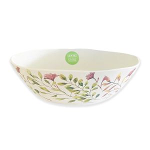 round plastic salad bowl with floral leaf pattern