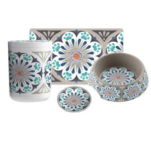 Carmel Medallion Melamine Pet Feeding Set of 4 - Grey