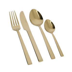 a 16 piece set of gold coloured cutlery, including forks, knives, tablespoons and teaspoons