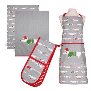 Scion Mr Fox Christmas Grey Apron, Tea Towels & Double Oven Glove Set