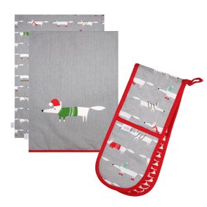 Scion Mr Fox Christmas Grey Tea Towels & Double Oven Glove Set