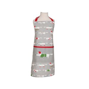 a grey cotton childrens baking apron with a christmas fox design and red detailing