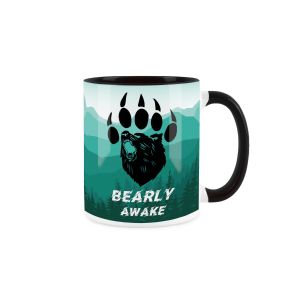 Massive white mug with a grizzly bear print and Bearly awake text