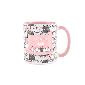 Ceramic mug with repeating cat faces and funny text