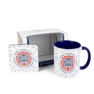 navy blue ceramic mug and cork coaster set with the official King Charles III coronation emblem