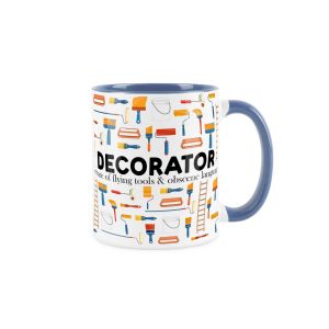 Durable ceramic mug with blue inner and handle with decorator text and illustrations