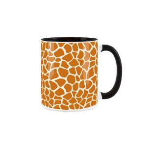 black and white ceramic mug with a novelty giraffe print