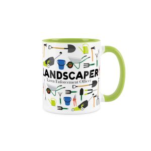 Durable ceramic mug with green inner and handle, printed with landscaper text and tools