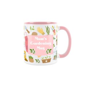 pink handled mug with mums gardening mug text and plant decoration