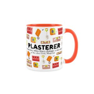 Ceramic mug with orange inner and handle, printed with plasterer text and tools