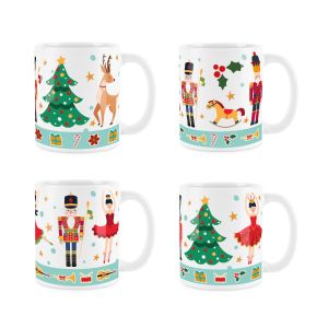 Set of 4 white ceramic mugs with red nutcracker and other character prints