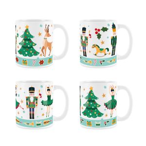 Ceramic Christmas mugs in a set of 4, with a nutcracker, ballerina and Christmas tree prints