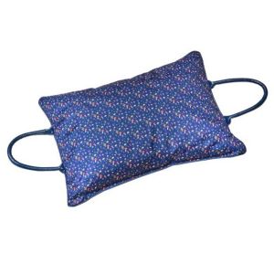 A large navy blue gardening kneeler pillow with a cute toadstools/mushrooms print.