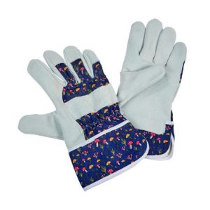Pair of riggers gardening gloves with a mushrooms print on a navy blue background.