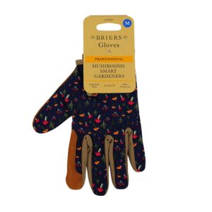 Navy blue gardening gloves with a toadstools print. Designed with velcro straps for an adjustable fit, and padded palms for thorn resistance.