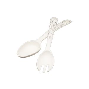 Salad servers set consisting of a spoon and a spork, made from recycled plastic and featuring a moss green foliage pattern.