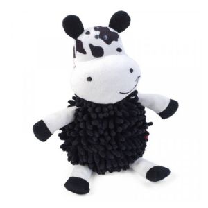 Black and white cow shaped fabric dog toy with built in squeaker.
