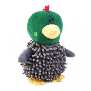 Fabric dog toy with built in squeaker, designed to look like a drake duck.