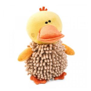 Duck shaped fabric dog toy with 'noodly' texture belly.