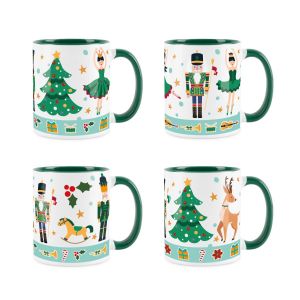 Green and white nutcracker and other character printed ceramic mug set of 4