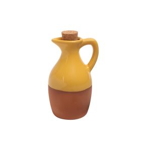 small terracotta oil drizzler with a yellow glaze