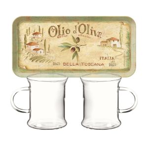 A breakfast gift set, containing two glass mugs and a small 'Olio d'Olive' design melamine tray.
