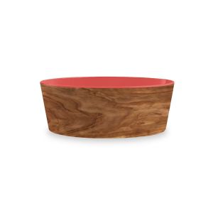 wood effect medium pet food bowl with red inner