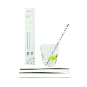 Cardboard box containing 2 stainless steel straws, suitable for most drinks, an eco-friendly alternative to plastic straws