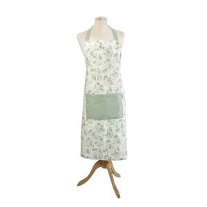 Peter rabbit design apron in green and white, with double pocket and button detail 