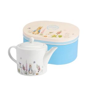 Peter rabbit teapot with rabbit and flower illustrations
