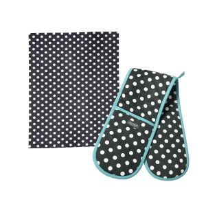 Dexam Polka Tea Towel & Double Oven Glove Set - Slate Grey