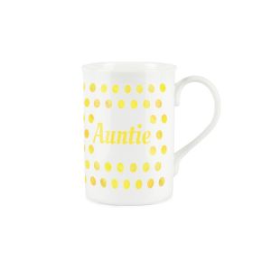 a white bone china mug with a yellow polka dot print, and text reading 'Auntie'