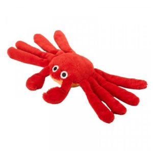 Crab shaped fabric dog toy with built in squeaker and crinkly material in legs for interactive play with your pet.