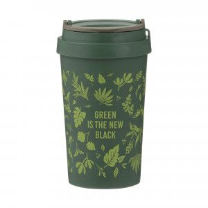 Wheat husk eco-friendly travel mug in a dark green with leaf design and text
